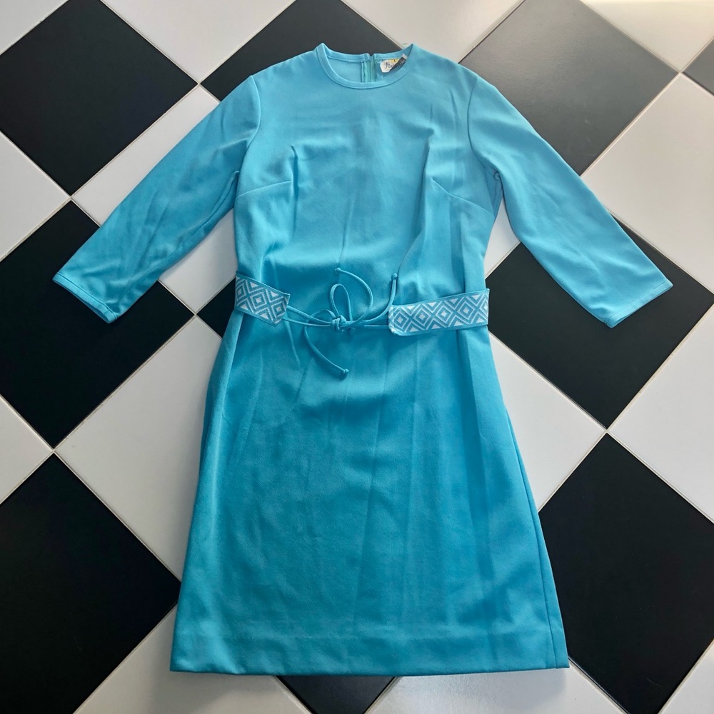 Vintage 60s 70s Flutterbye Belted Midi Dress Embroidered Waist Tie Bright Blue L